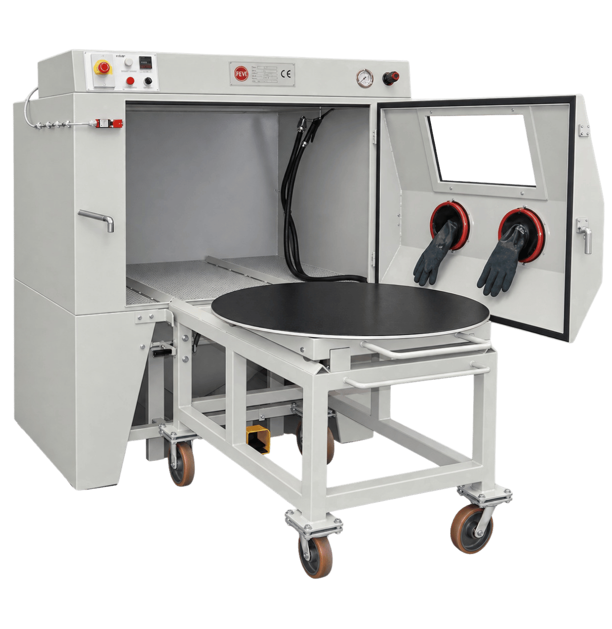 FEVI industrial sandblasting cabinet with front opening, movable workpiece trolley and rotary table