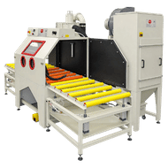 FEVI industrial sandblasting cabinet with double roller conveyor for component handling