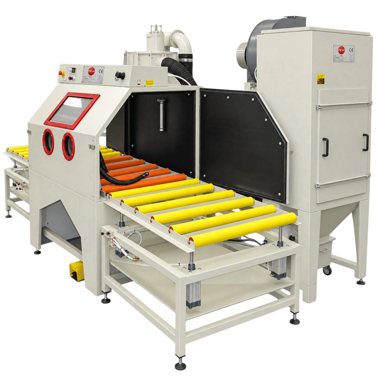 FEVI industrial sandblasting cabinet with double roller conveyor for component handling