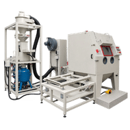 FEVI industrial sandblasting cabinet with dual abrasive tanks and external rail system with automatic lifting