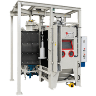 FEVI industrial sandblasting machine with suspended hook and overhead workpiece handling system