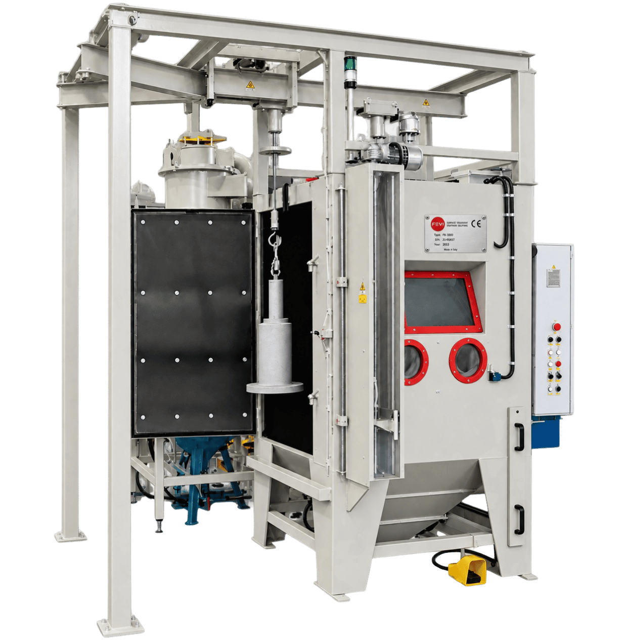 FEVI industrial sandblasting machine with suspended hook and overhead workpiece handling system
