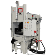 FEVI industrial sandblasting cabinet with internal tumble belt for batch processing of components