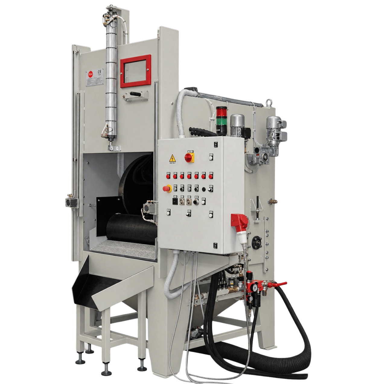 FEVI industrial sandblasting cabinet with internal tumble belt for batch processing of components