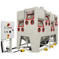 FEVI multi-station industrial sandblasting cabinet with multiple viewing windows and glove ports