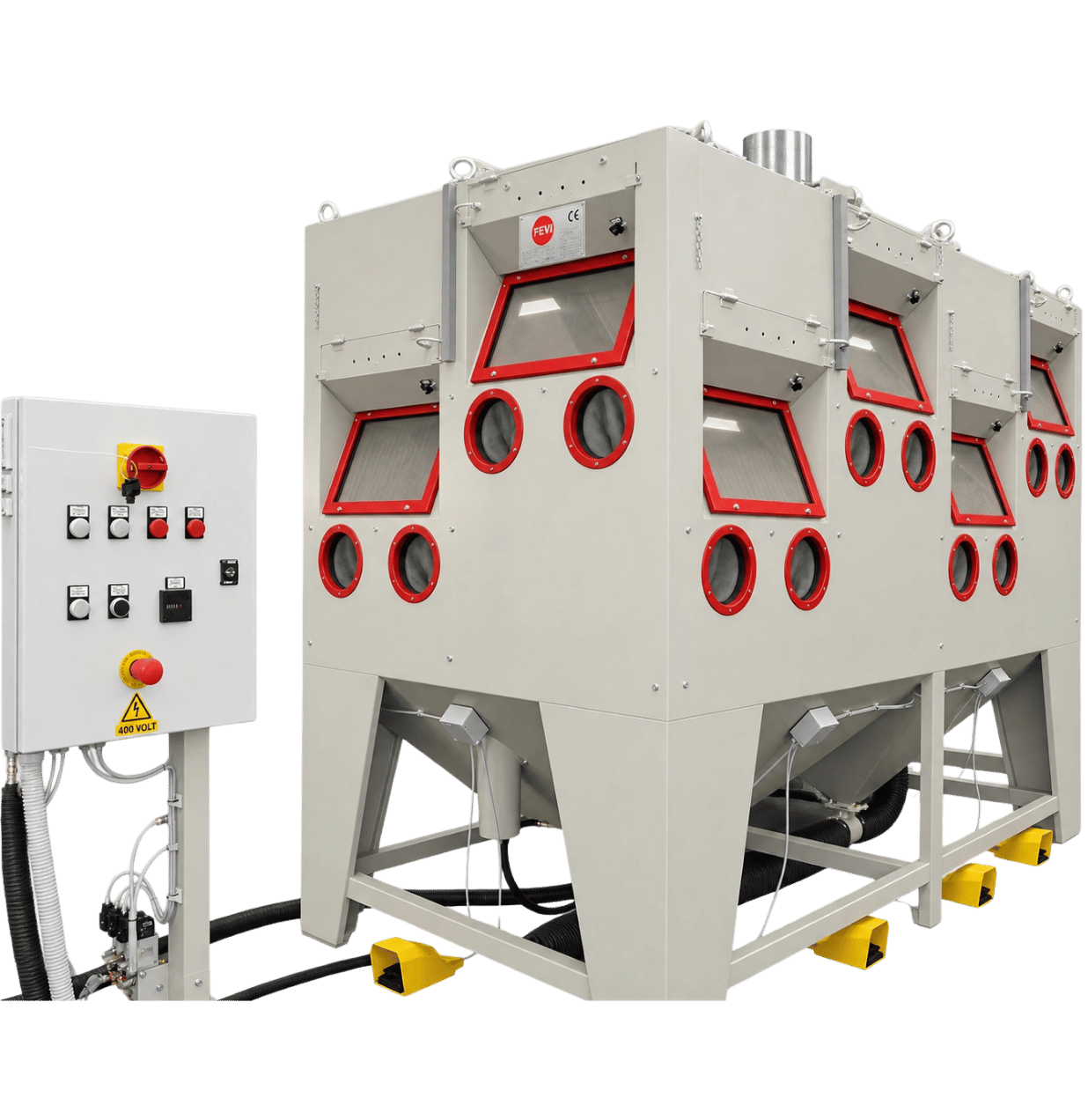 FEVI multi-station industrial sandblasting cabinet with multiple viewing windows and glove ports