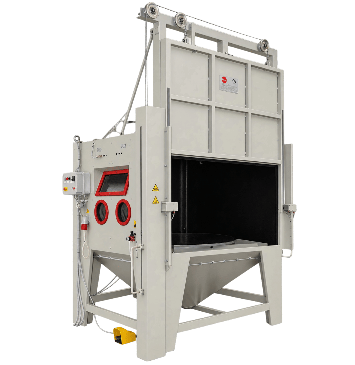 FEVI industrial sandblasting cabinet with automatic vertical door and internal rotary table