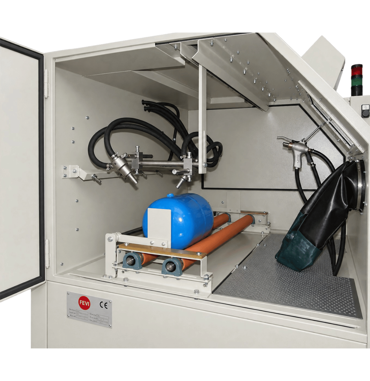 FEVI industrial sandblasting cabinet with workpiece support rollers and horizontally traversing automatic blasting guns for cylindrical components