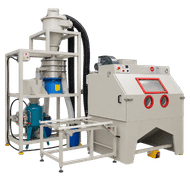FEVI industrial sandblasting cabinet with vibratory sieve and abrasive selection and recovery system
