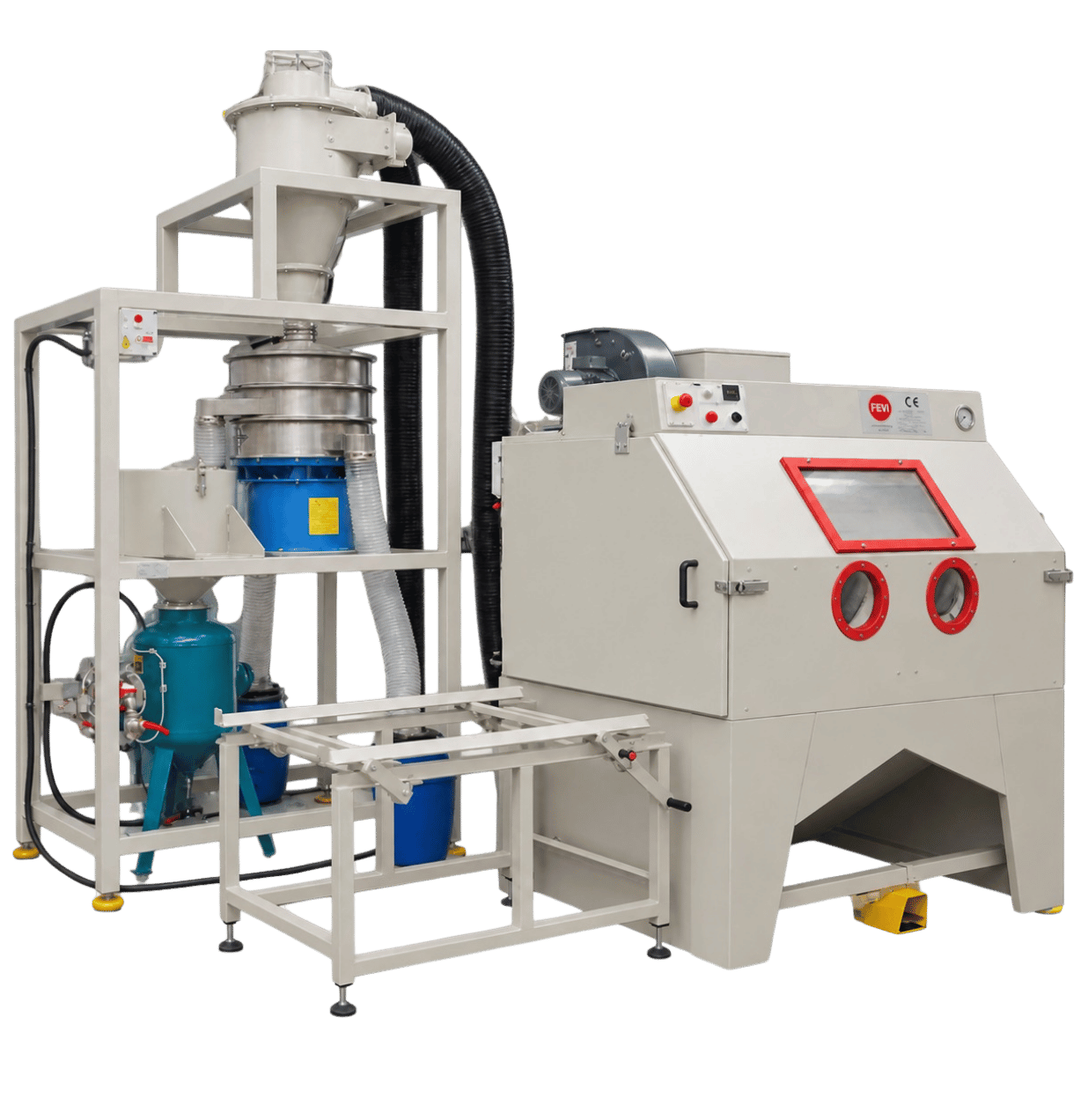 FEVI industrial sandblasting cabinet with vibratory sieve and abrasive selection and recovery system